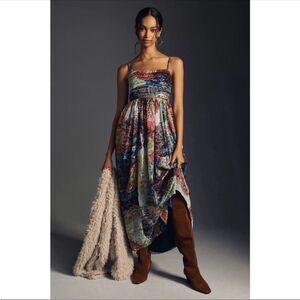 Anthropologie x Payal Jain Watercolor Metallic Ruched Maxi Dress • Size L • Luxe